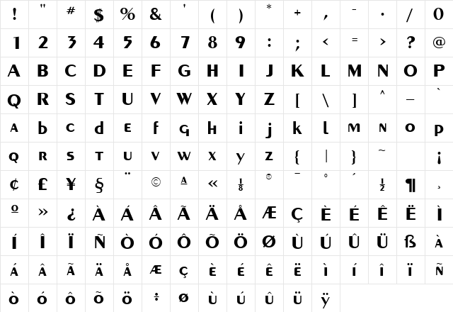 Carnati SSi Bold  glyph index