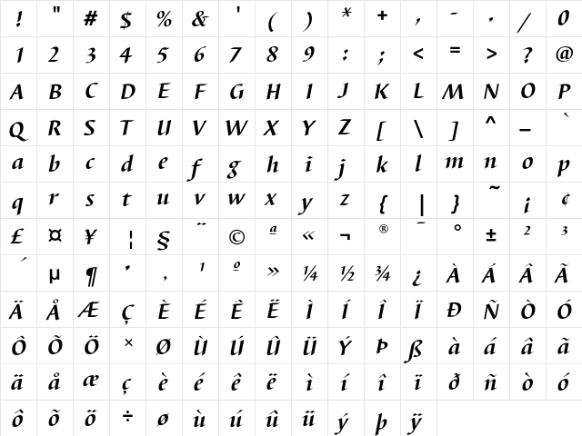 BarbedorEF BoldItalic  glyph index