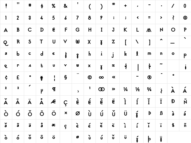 SuburbanBold Bold  glyph index