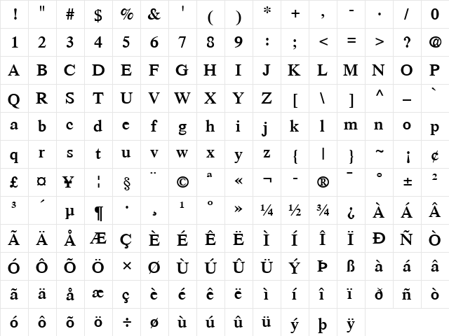Times LT Semibold Regular  glyph index