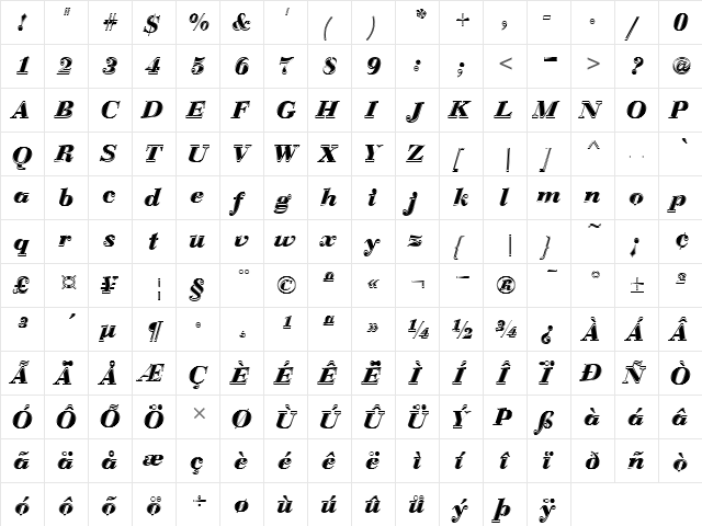 Bauer Bodoni D In1 Regular  glyph index