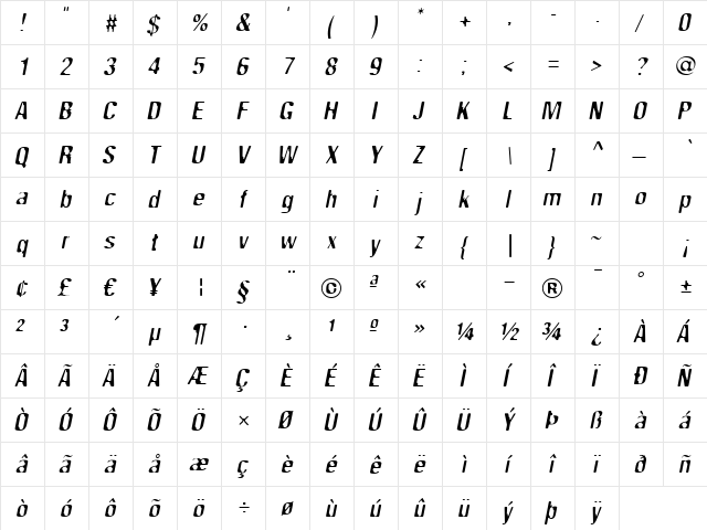 SB Tokyo Oblique  glyph index