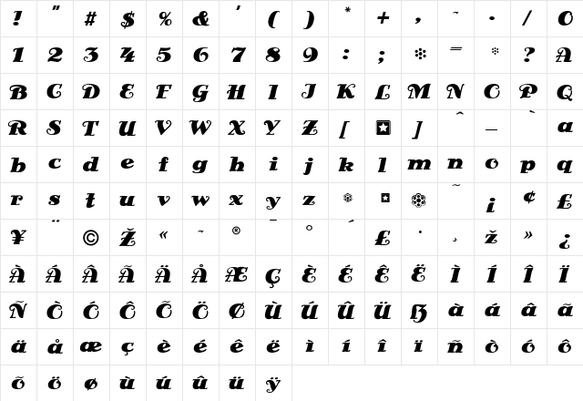 Elvira Regular  glyph index