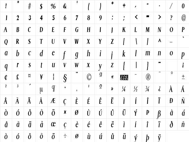 GriffonCondensed Bold Italic  glyph index