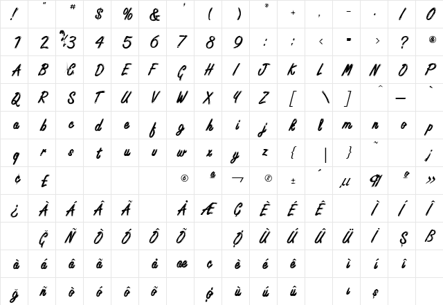 Freestyle Script Bold  glyph index