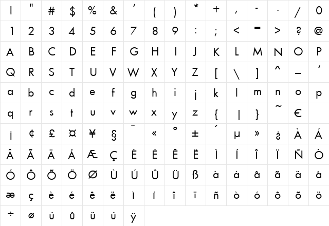 Brillant Regular  glyph index