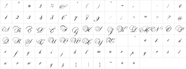 Aurora Script Regular  glyph index