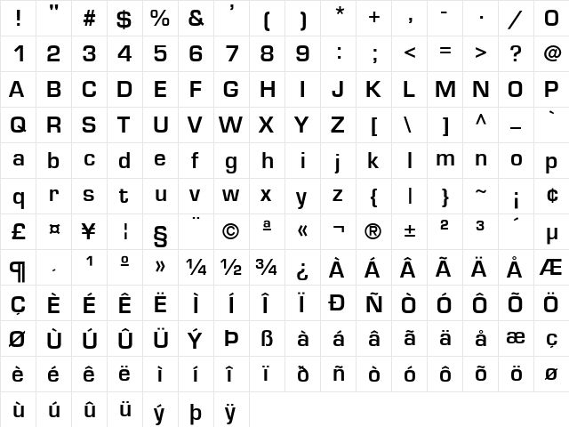 Euromode Bold  glyph index