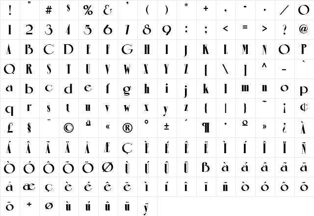 Romantiq Regular  glyph index