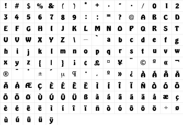 HoboBold Regular  glyph index