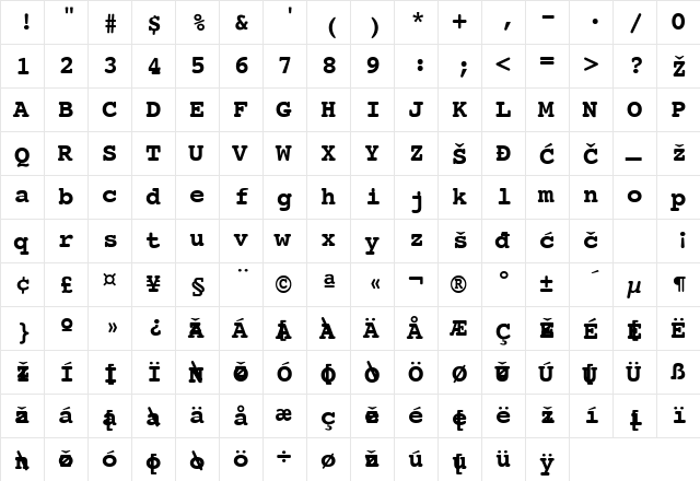 CourierYU Bold  glyph index