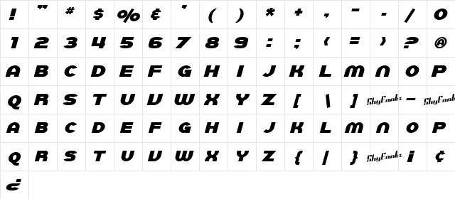 SF Juggernaut Bold Italic  glyph index