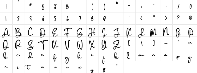 Diamant handwriting Regular  glyph index