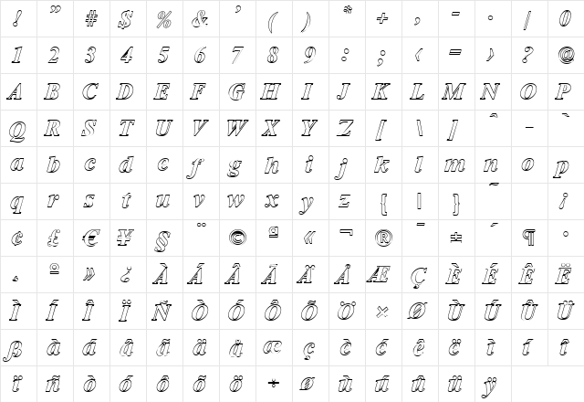 SimonBeckerOutline BoldItalic  glyph index