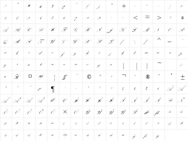 Palace Script MT Std Regular  glyph index