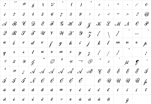 Commercial Regular  glyph index