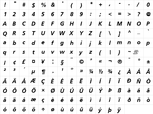 Palma SSi Bold Italic  glyph index