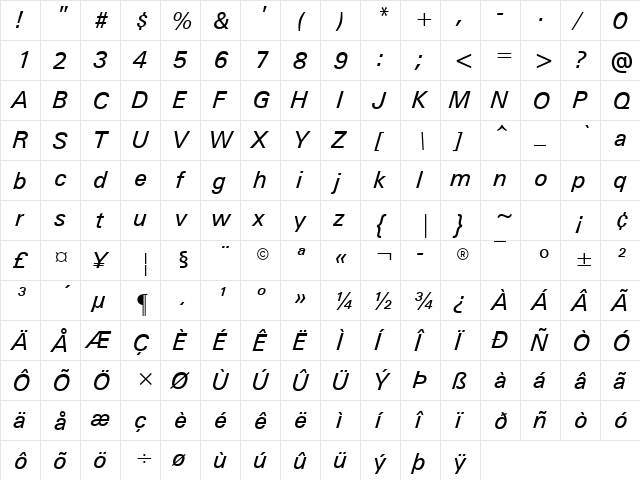 Univers kursiv  glyph index