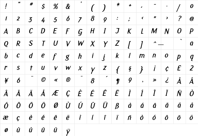 Fasciani-Senza BoldItalic  glyph index