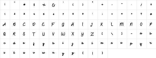 Bright beauty Regular  glyph index