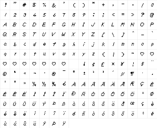 Zelda DX TT BRK Regular  glyph index