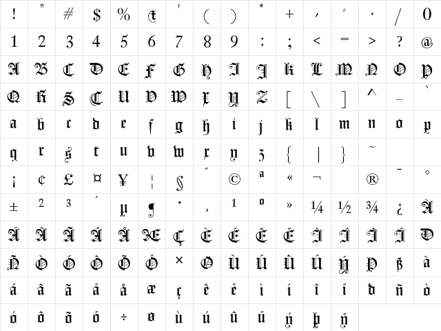 Fleischmann Gotisch PT Regular  glyph index