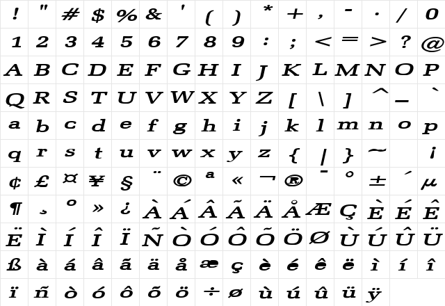 Bid Roman Extended Bold Italic  glyph index