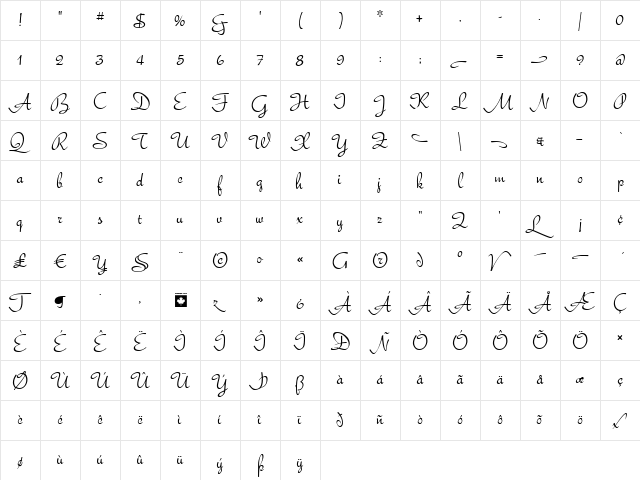 Bella Donna Regular  glyph index