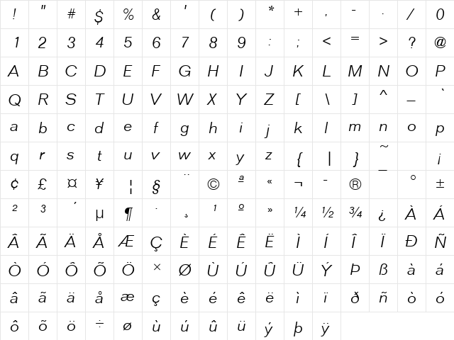 FolioTLig Italic  glyph index