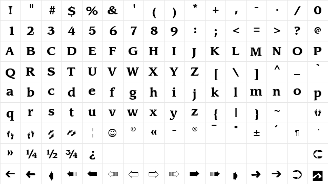Sling Bold  glyph index