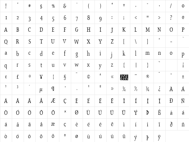 OldstyleCondensed Regular  glyph index
