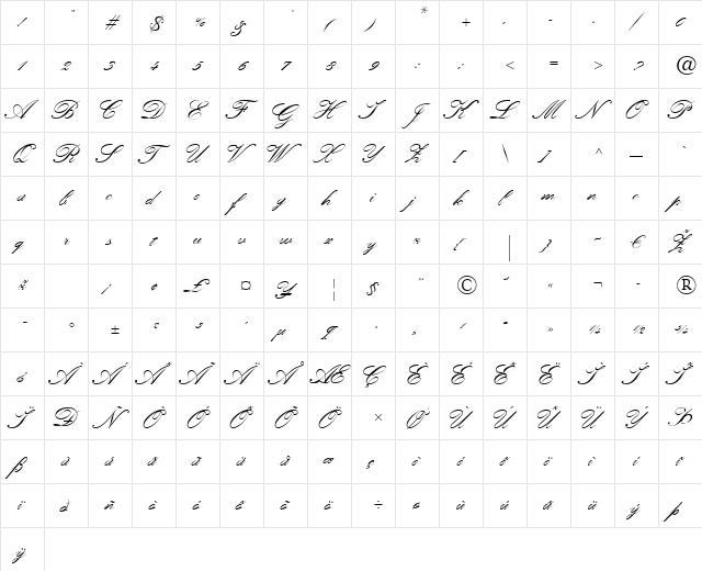 Heather Script Two Regular  glyph index