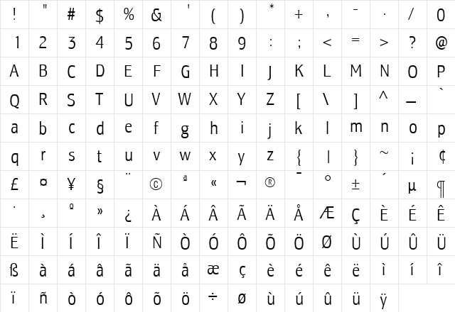 LesmoreLightCondensed Roman  glyph index
