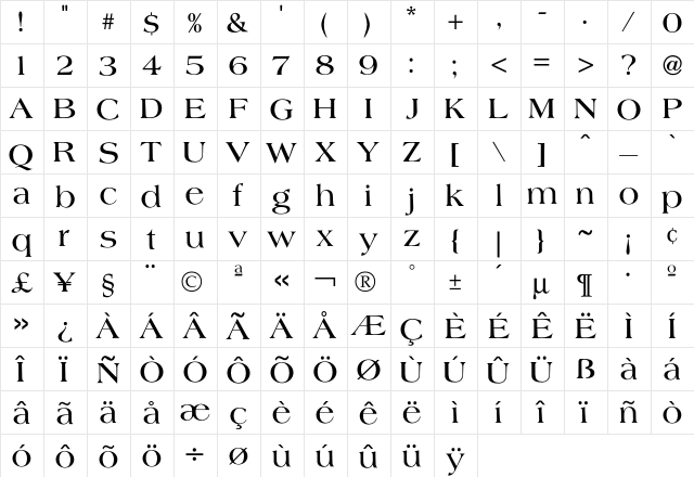 Americana Bold  glyph index