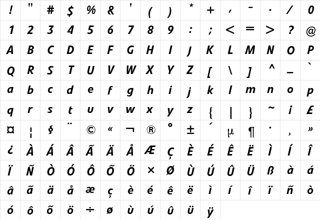 Evo BQ Regular  glyph index