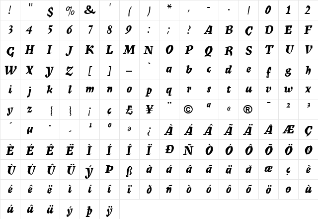MercuriusMTScript BoldItalic  glyph index