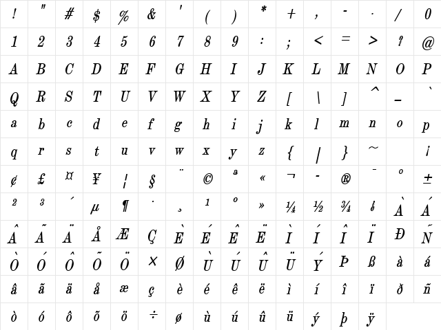 Devine Condensed BoldItalic  glyph index