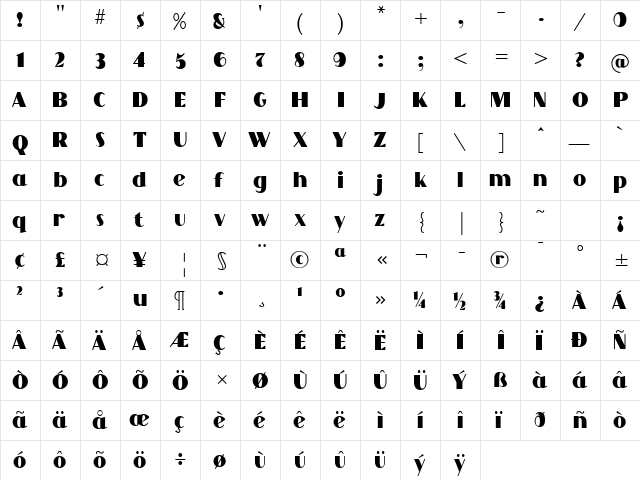 Grandecort Bold  glyph index