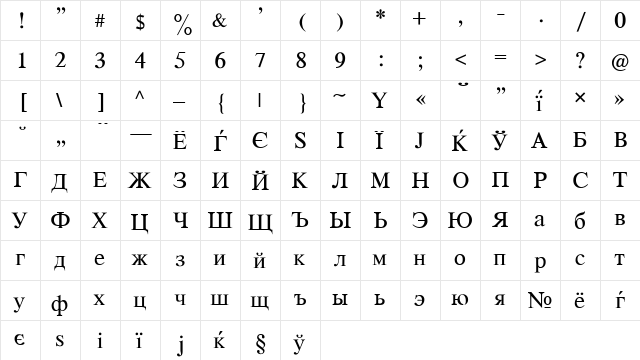 CyrillicTimes Roman  glyph index