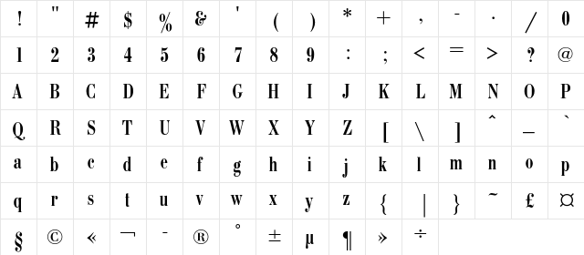 BodoniCondC Regular  glyph index
