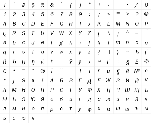 FranklinGothBookCTT Italic  glyph index