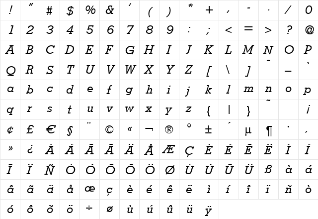 Stymie Italic  glyph index