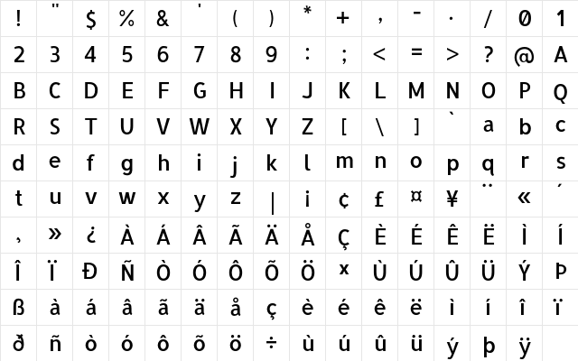 Allerta Medium  glyph index