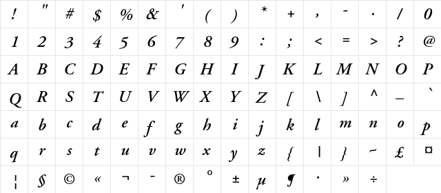 APCGaramondC Bold Italic  glyph index