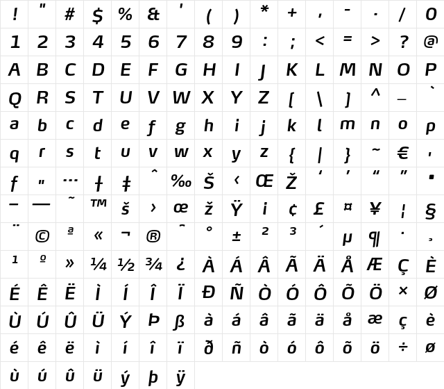 MaxTF-SemiBoldItalic Regular  glyph index