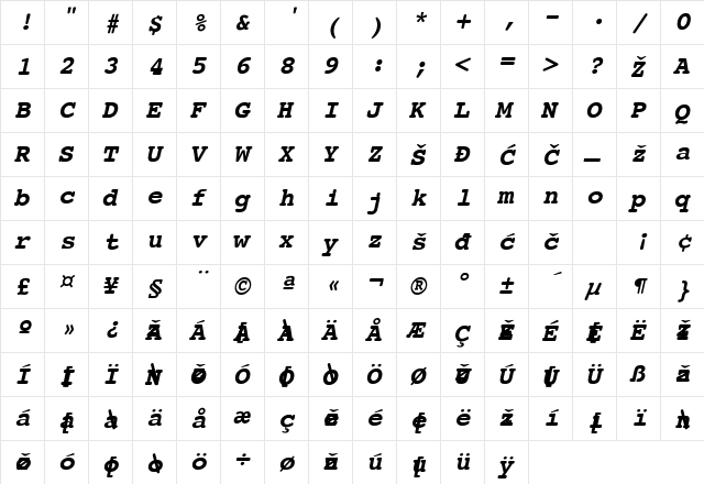 CourierYU Bold-Italic  glyph index