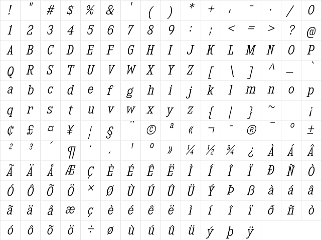 Kingsbridge SemiCondensed Light Italic  glyph index