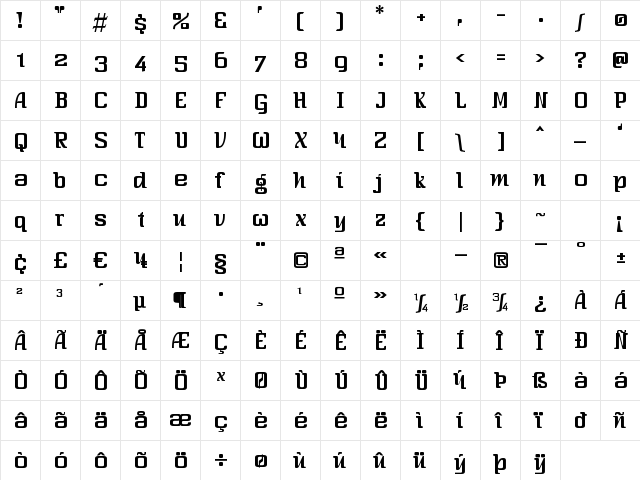 Three-Sixty Condensed Regular  glyph index