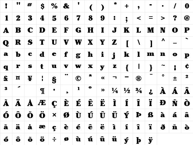 Cheltenham Ultra  glyph index