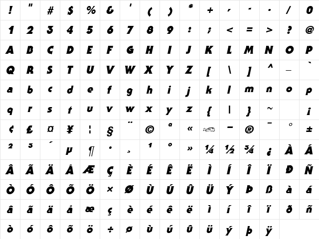 Staid Gothic Black Italic  glyph index